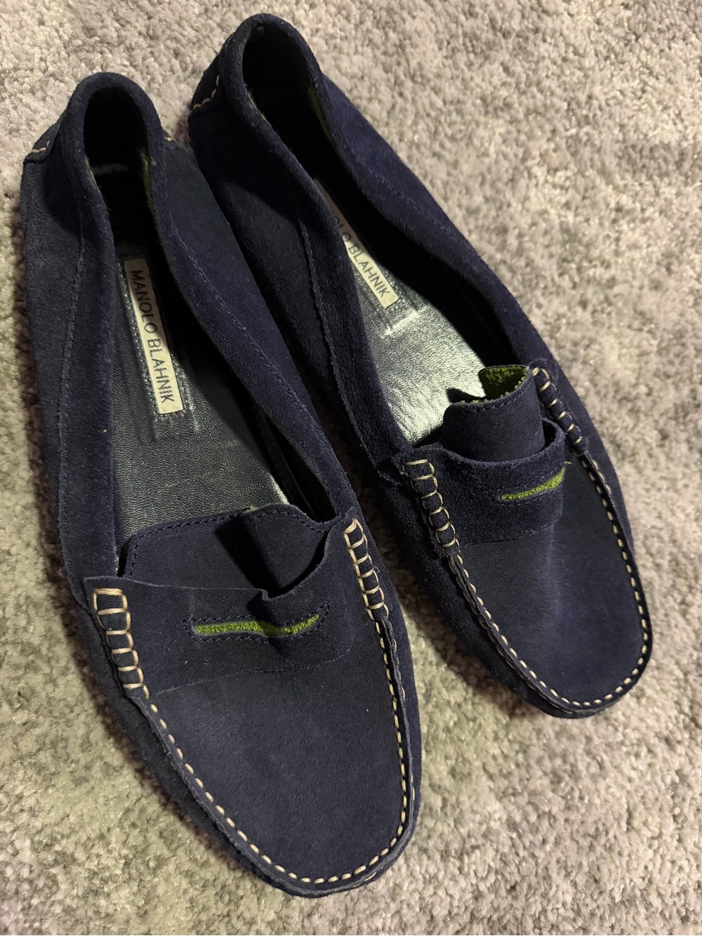 Manolo Blahnik Navy Suede Penny Loafers